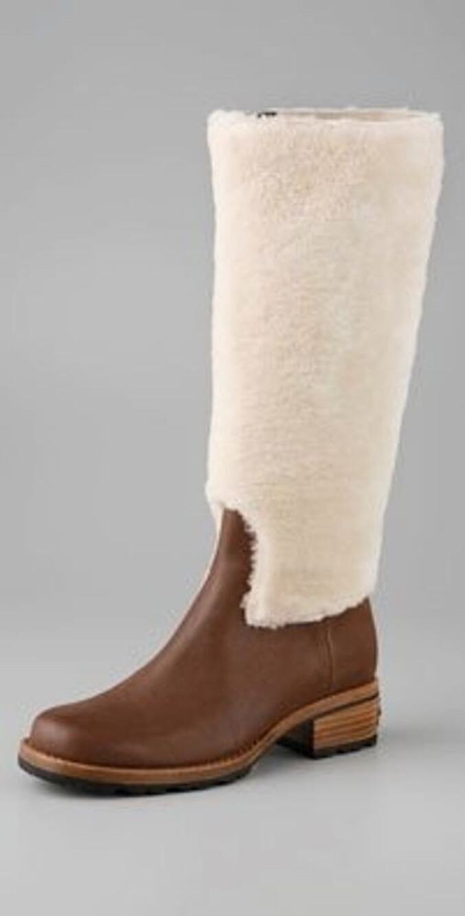 UGG SHEARLING RIDING Chrystie Tall Leather Boots Chestnut Ivory Womens 10